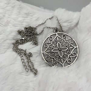 Medallion Pendant Long Silver Tone Necklace